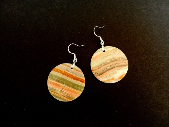 Afghan Jade Circle Earrings in Cream and Brown on Sterling Silver
