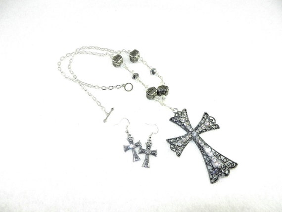 Antiqued Silver Cross Necklace with Crystals on a Silver Chain with Silver Cross Earrings