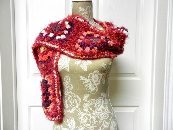 Granny Square Hand Crocheted Scarf in Pinks and Burgundy Pom Pom Yarns with some Silver