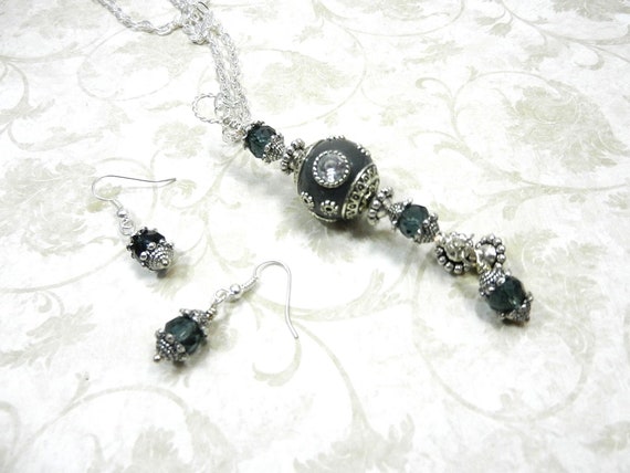 Gray Tassel Necklace Pendant with Art Clay Beads and Crystals and Matching Earrings