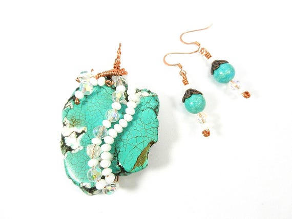 Copper Wire Wrapped Turquoise Pendant with Crystals and Matching Earrings