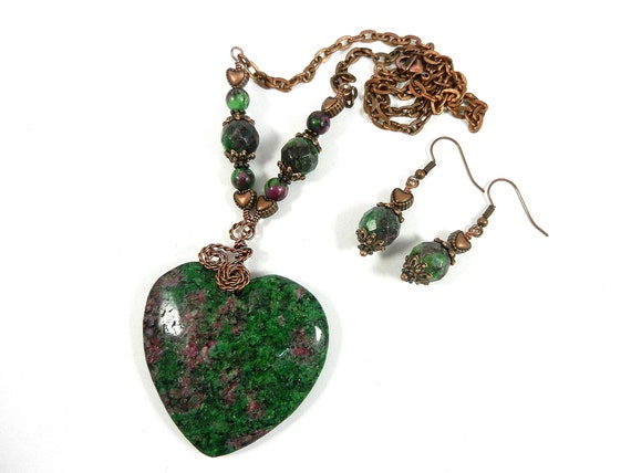 Ruby in Fuchsite Heart Gemstone Copper Wire Wrapped Pendant Necklace with Matching Earrings