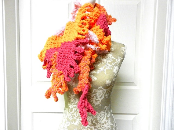 Orange and Pink Fluffy Hand Crocheted Scarf, Handmade Crocheted Pink and Orange Scarf, Orange Scarf, Pink Scarf