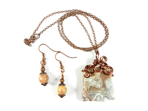 Crazy Lace Agate Gemstone Antique Copper Wire Wrapped with Soap Stone Earrings on Copper Ear Wires