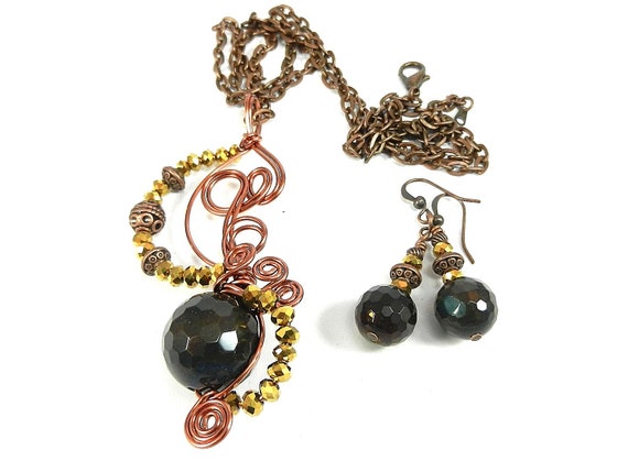 Brown Round Faceted Agate Gemstone Pendant Necklace Copper Wire Wrapped with Gold Crystals with Matching  Earrings