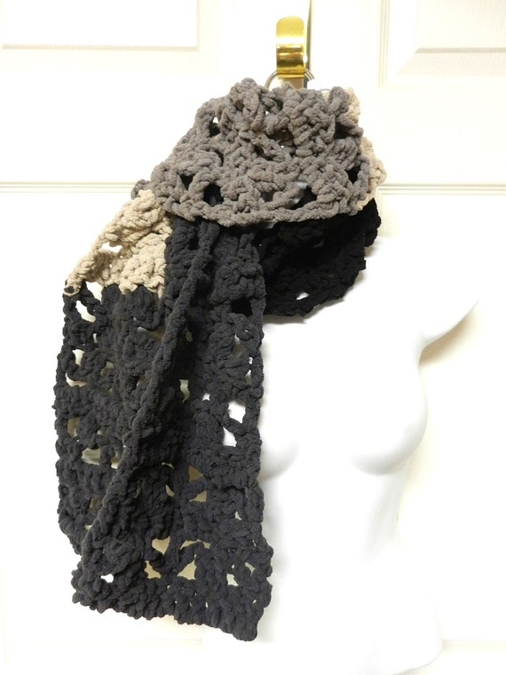 Fluffy Black and Grey Scarf, Black and Gray Winter Scarf, Thick and Fluffy Black and Grey Scarf, Hand Crocheted Scarf, Black Scarf