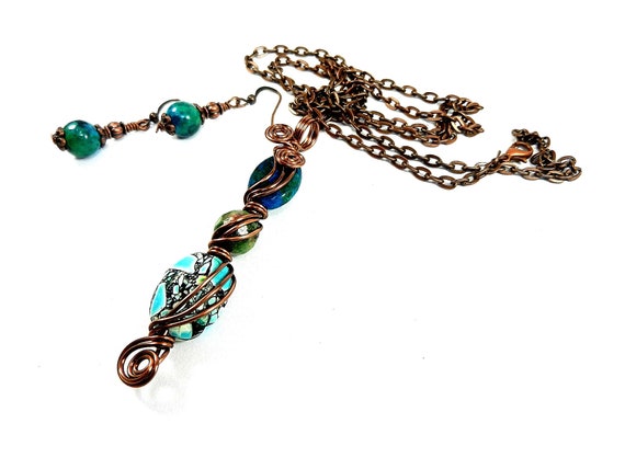 Copper Wire Wrapped Chrysocolla Ruby in Fuchsite and Brecciated Turquoise Pendant with Matching Earrings