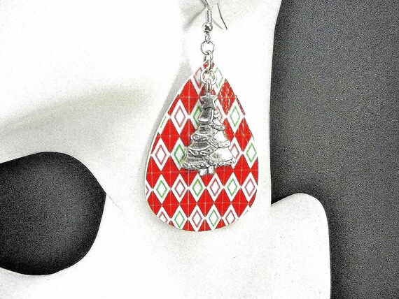 Red and Green Faux Leather Teardrop Earrings with a Dangling Silver Christmas Tree