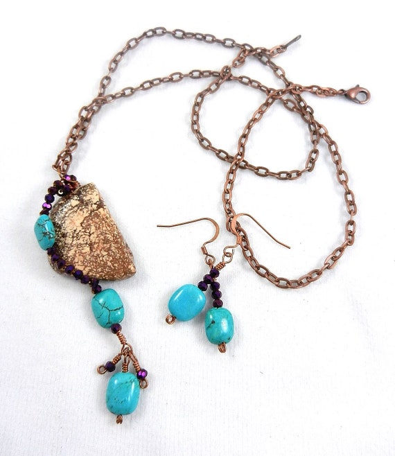 White Turquoise Copper Wire Wrapped Pendant with Blue Turquoise Beads and Purple Faceted Crystals, White Turquoise Wire Wrapped Necklace
