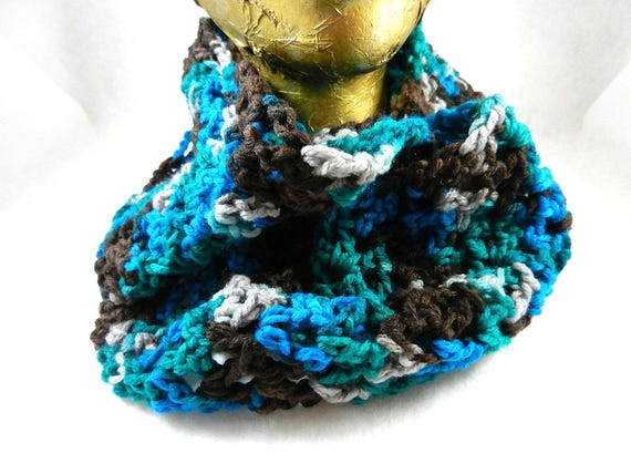 Gray Blue Green and Brown Hand Crocheted Infinity Scarf