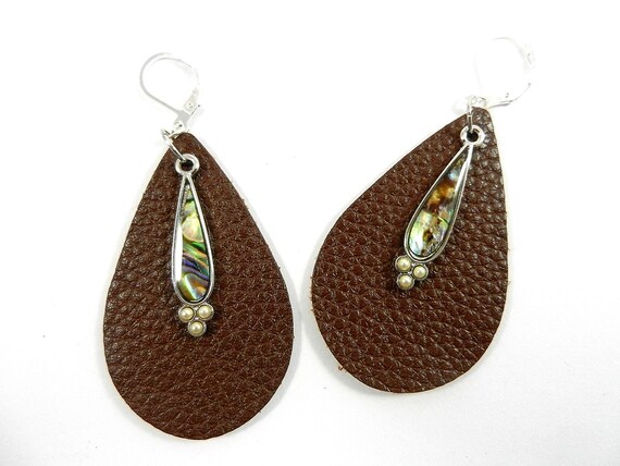 Brown Leather Teardrop Earrings with a Dangling Silver and Shell Charm