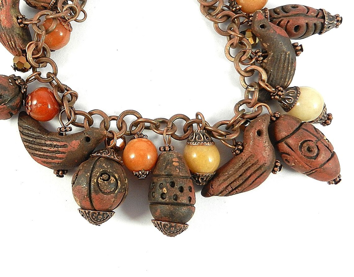 Brown Clay Bead and Agate Gemstone Bracelet on Copper Chain Etsy