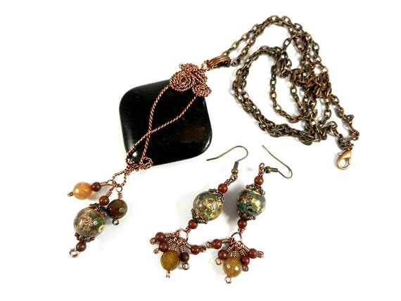Black Green and Brown Jasper Pendant Copper Wire Wrapped with Matching Jasper  Earrings