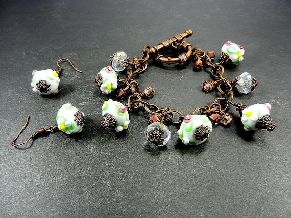 Wire Wrapped Bracelet with White Lamp Work Beads with Pink and Green Flowers and Crystals on Antique Copper Chain with Matching Earrings