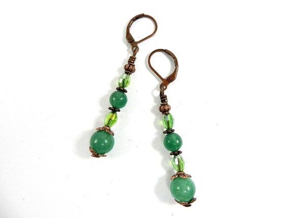 Green Jade and Aventurine Gemstone Earrings with Copper Beads
