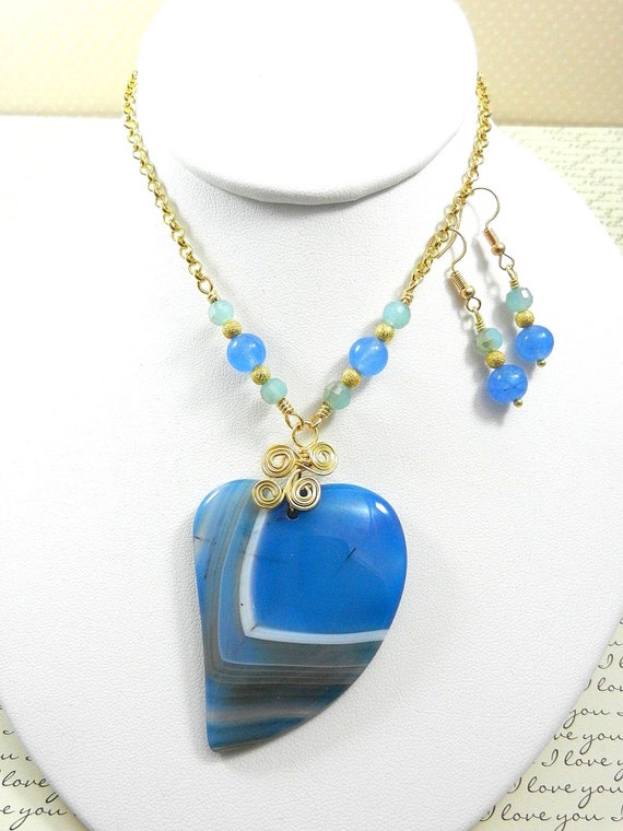 Gold Wire Wrapped  Blue Banded Agate Heart Necklace with Matching Gold and Aqua Marine Earrings