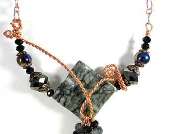 Copper Wire Wrapped Jasper Necklace, Copper Necklace, Black and Copper Necklace, Metal Necklace, Jasper Gemstone Necklace