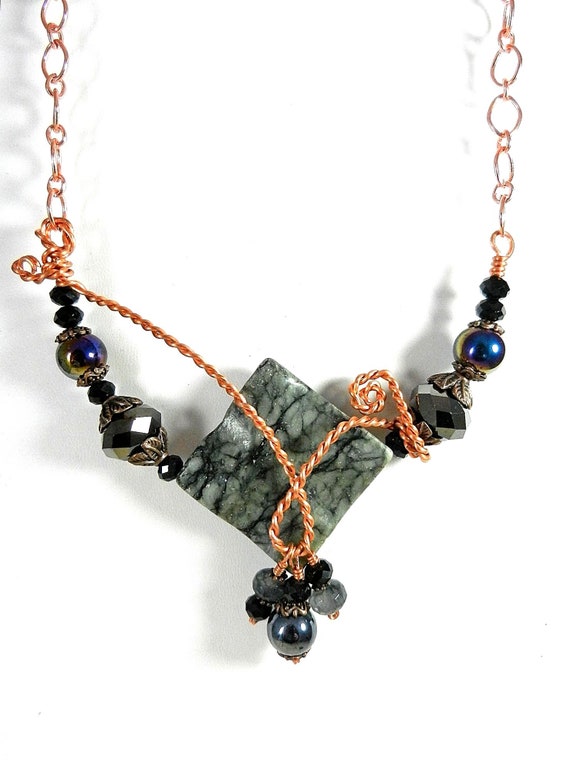 Copper Wire Wrapped Jasper Necklace, Copper Necklace, Black and Copper Necklace, Metal Necklace, Jasper Gemstone Necklace