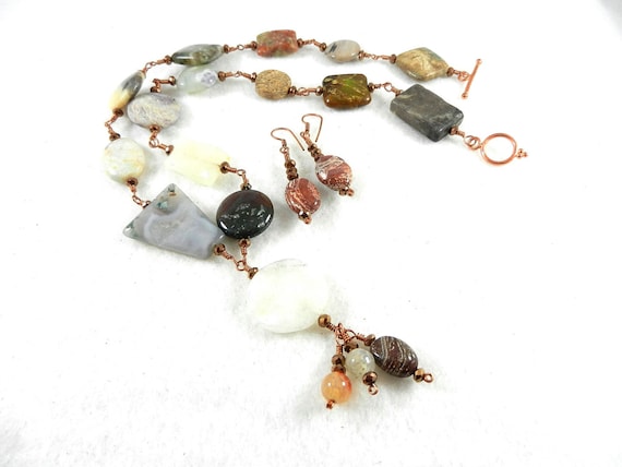 Agate Necklace, Jasper Necklace and Earrings, Jade Necklace, Crystal Necklace and Earrings, Copper Wire Wrapped Necklace and Earrings