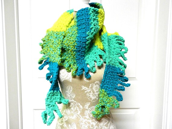 Fluffy Green Yellow and Blue Winter Scarf, Hand Crocheted Fluffy Blue and Green Scarf, Soft Winter Scarf with Fringe, Handmade Scarf