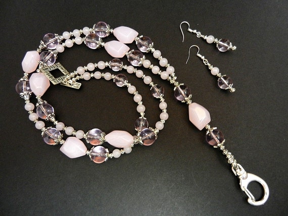 Pink and Silver Beaded Lanyard Badge Holder with Matching Earrings