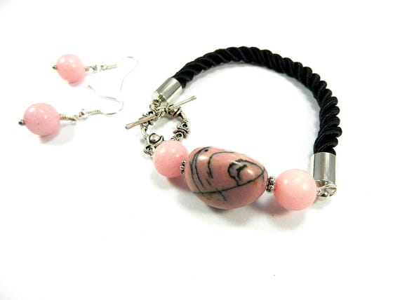 Pink and Black Jasper and Rhodochrosite Gemstone Bracelet on Black Silk Cord with Matching Earrings
