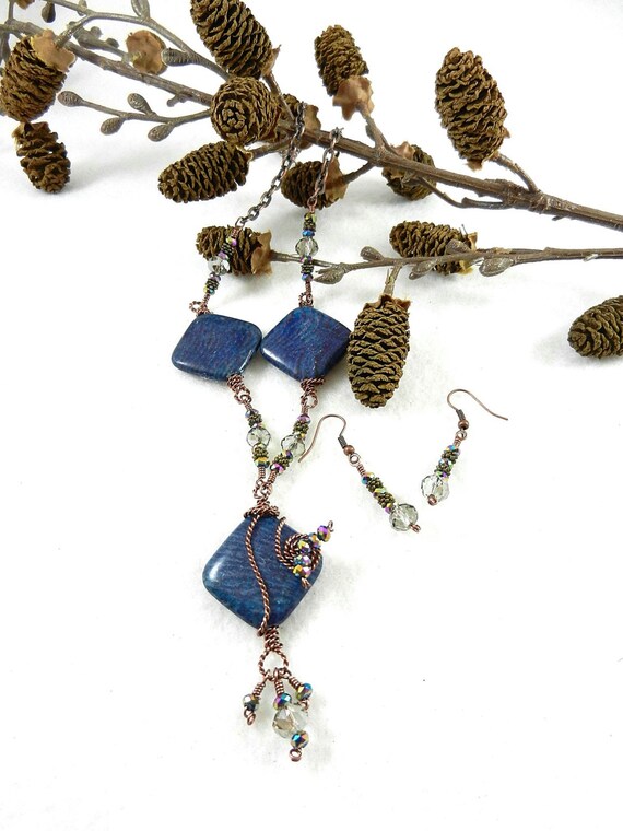Dark Blue Square Jasper Necklace Wire Wrapped in Copper with Matching Earrings