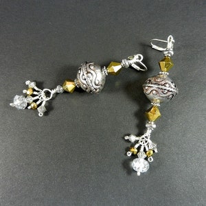 Silver Bead and Gold Crystal Silver Wire Wrapped Dangle Drop Earrings