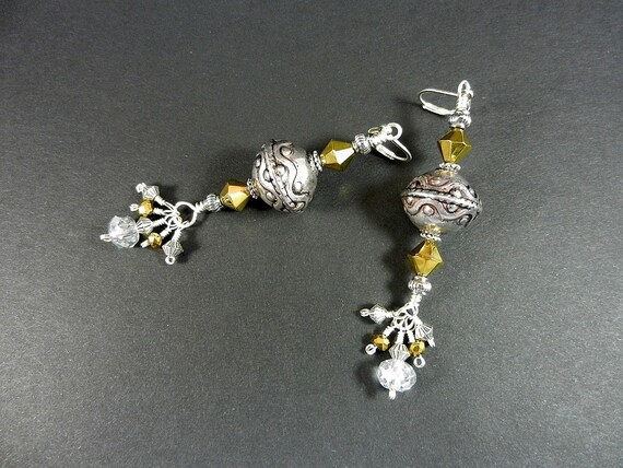 Silver Bead and Gold Crystal Silver Wire Wrapped Dangle Drop Earrings