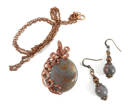 Copper Wire Wrapped Grey and Brownish Red Fancy Jasper Round Gemstone Pendant with Matching Earrings