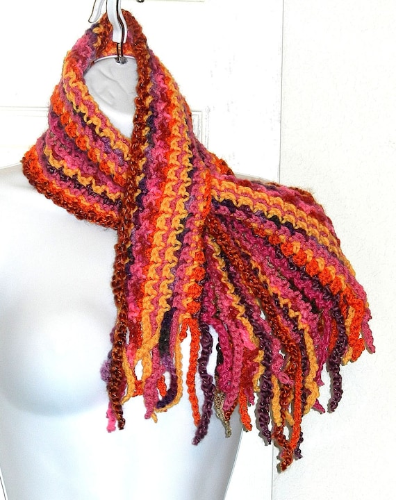 Hand Crocheted Pink Yellow Purple and Orange Scarf with Fringe,  Hand Crocheted Scarf, Pink Scarf, Orange Scarf, Yellow Scarf, Purple Scarf