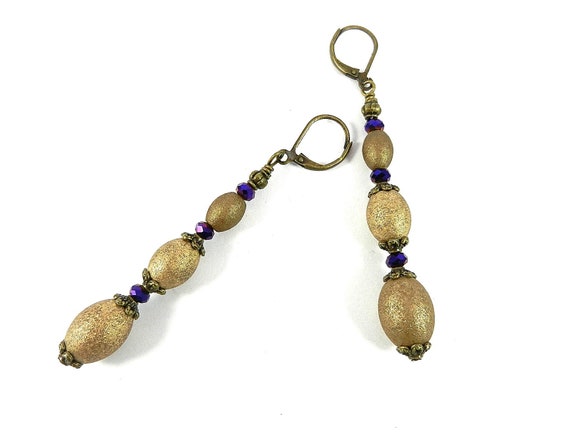 Gold Frosted Glass Dangle Earrings with Purple Crystals