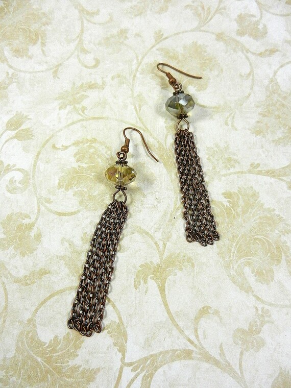 Gold Rainbow Crystal Earrings, Copper Tassel Earrings, Antiqued Copper Earrings, Gold Earrings, Copper Earrings, Metal Earrings, Crystal