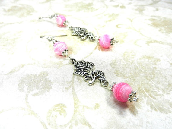 Pink Agate and Silver Rose Earrings, Pink Dragon’s Vein Agate Earrings