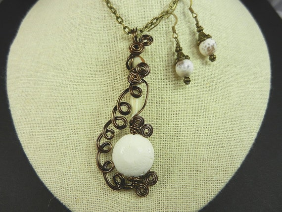 Bronze Wire Wrapped White Gemstone Pendant Including Howlite Bone and Picture Jasper  with Matching White Fire Agate Earrings