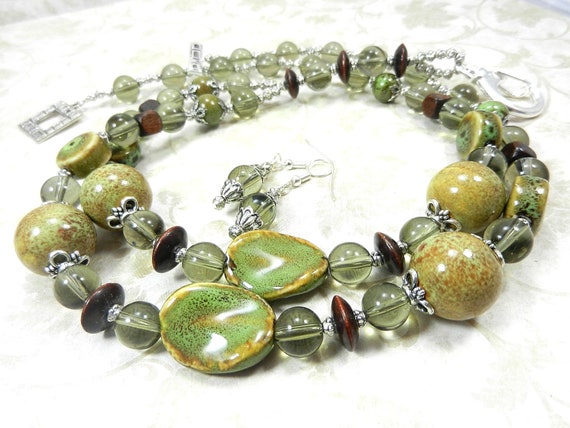 Handmade Lanyard or Badge Holder with Green and Brown Ceramic Beads and Matching Earrings