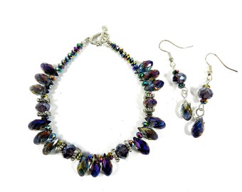 Purple Briolette Crystal Bracelet with Silver Beads and Matching Earrings