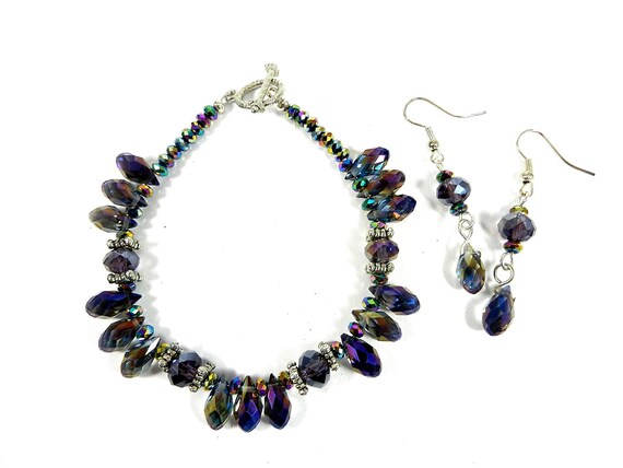 Purple Briolette Crystal Bracelet with Silver Beads and Matching Earrings