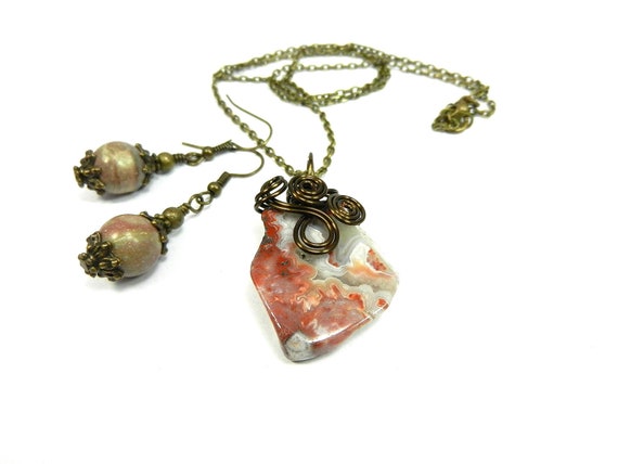 Crazy Lace Agate in Cream Reddish Brown and Gray Wire Wrapped with Bronze Wire and Matching Jasper Earrings