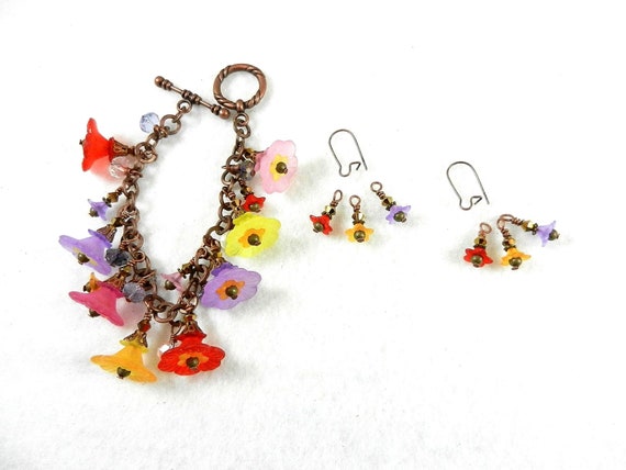 Red Purple Pink Yellow and Gold Flower Bracelet on Antiqued Copper Chain with Matching Flower Earrings
