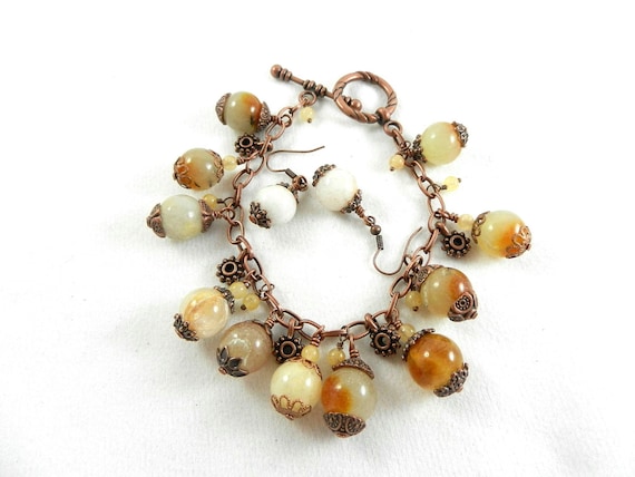 Orange Brown and Cream Agate Round Gemstones on an Antiqued Copper Bracelet with Matching Agate Gemstone Earrings