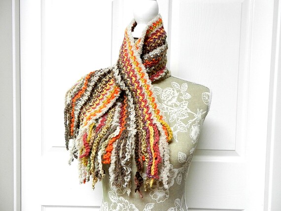 Beige Orange Yellow Green and Brown Hand Crocheted Short Scarf with a Key Hole End and Crocheted Fringe