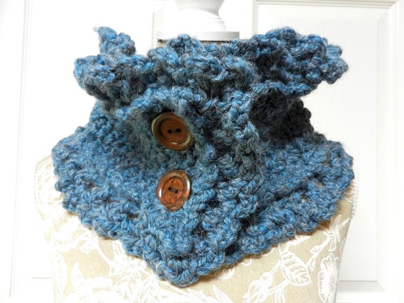 Hand Crocheted Blue Short Button Up Cowl Scarf, Blue Crocheted Cowl Scarf with Two Wood Buttons, Soft and Fluffy Hand Crocheted Blue Scarf