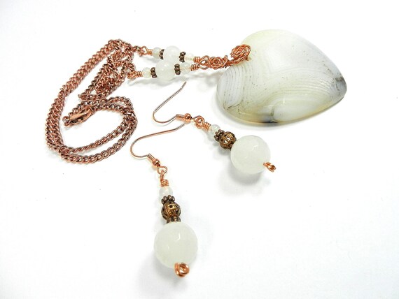 White Banded Agate Heart Pendant Wire Wrapped with Copper Wire with Jade and Copper Earrings