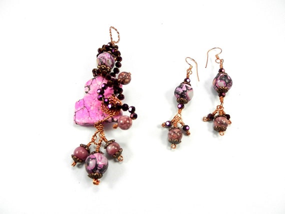 Pink Turquoise Copper Wire Wrapped Pendant with Purple Crystals and Matching Turquoise Brecciated Pink Turquoise and Rose Jasper Earrings
