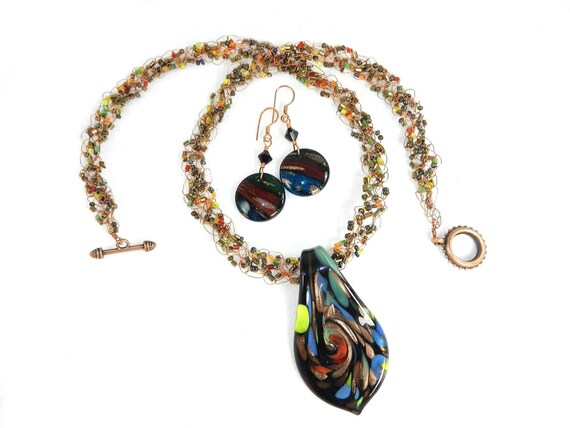 Hand Crocheted Wire Necklace with Black Art Glass Pendant, Hand Crocheted Wire Necklace, Wire Crocheted, Copper Necklace, Crocheted Necklace
