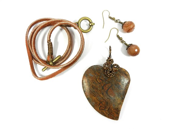 Black and Brown Coquina Jasper Bronze Wire Wrapped Heart Pendant and Brown Suede Necklace with Matching Agate Earrings