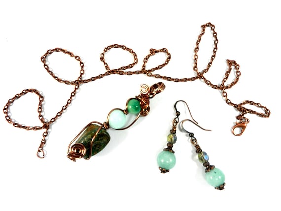 African Turquoise and Blue Amazonite Copper Wire Wrapped Pendant with Matching Earrings