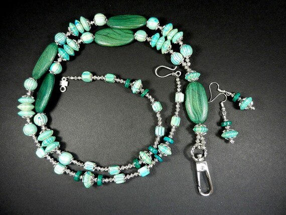 Turquoise Blue and Green Wood Lanyard Badge Holder with Matching Earrings