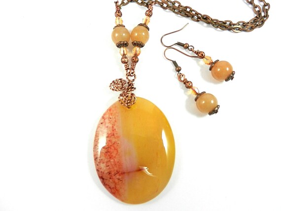 Yellow Oval Agate Gemstone Pendant Necklace Copper Wire Wrapped  with Matching Agate Earrings